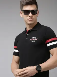 French Connection Men Black Polo Collar Pure Cotton Slim Fit T-shirt With Brand Logo Print