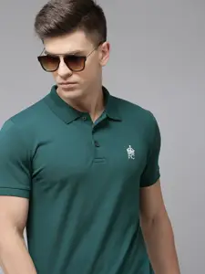 French Connection Men Teal Green Brand Logo Embroidered Pure Cotton Slim Fit Polo T-shirt