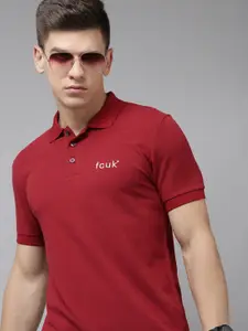 French Connection Men Red Polo Collar Pure Cotton Slim Fit T-shirt With Brand Logo Print