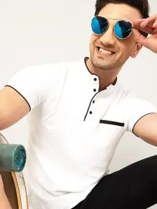 AUSK Men White Solid Mandarin Collar T-shirt