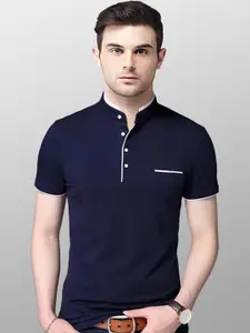 AUSK Men Blue Mandarin Collar Cotton T-shirt