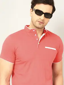 AUSK Men Peach-Coloured Mandarin Collar T-shirt