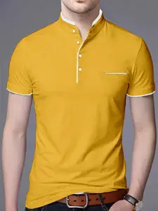 AUSK Men Mustard Yellow Mandarin Collar T-shirt