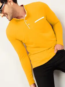 AUSK Men Mustard Yellow Solid Mandarin Collar T-shirt