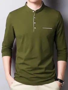 AUSK Men Green Cotton Mandarin Collar T-shirt