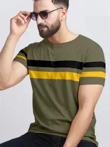 AUSK Men Green & Yellow Striped Colourblocked T-shirt