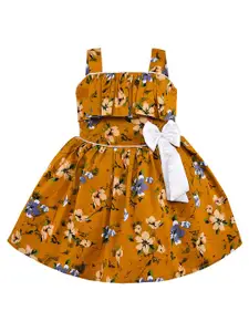 Wish Karo Girls Mustard Yellow Floral Printed Cotton Frock Dress