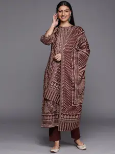 Inddus Maroon & Beige Printed Woven Pashmina Winter Wear Unstitched Dress Material