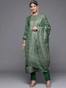 Inddus Green & Beige Pashmina Floral Woven Design Unstitched Dress Material