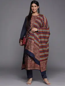 Inddus Navy Blue & Orange Printed Woven Pashmina Winter Wear Unstitched Dress Material