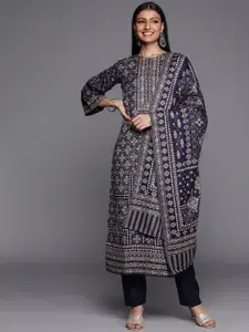 Inddus Navy Blue & Beige Printed Woven Pashmina Winter Wear Unstitched Dress Material