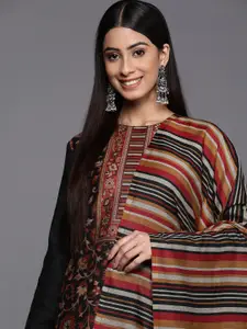 Inddus Black & Red Woven Pashmina Winter Wear Unstitched Dress Material