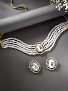 Peora White & Gold-Plated Oval White Stone Beaded Necklace Jewellery Set