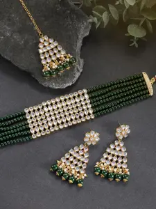 Peora Gold-Plated Green Kundan Pearl Choker Necklace Earring Jewellery Set