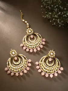 Peora Peach-Coloured Gold-Plated Chandbali Earrings with Maang Tikka Jewellery Set