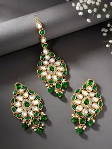 Peora Gold Plated Traditional Kundan Pearl Dangle Earrings with Maang Tikka