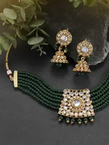 Peora Gold-Plated Green Kundan Pearl Choker Necklace with Earrings