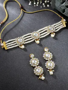 Peora Gold-Plated & White Beaded Stone Studded Choker Necklace with Earring Set