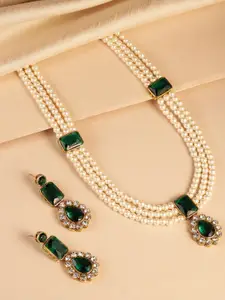 Peora Green & White Gold-Plated Kundan Long Necklace Earring Jewellery Set