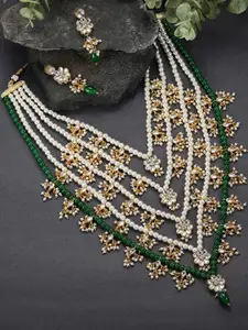 Peora Green & White Gold-Plated Floral Multi Layered Long Necklace Earrings Jewellery Set