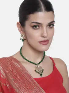 Peora Green Gold-Plated Kundan Beads Embellished Long Necklace Jewellery Set