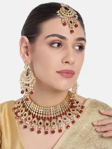 Peora Gold-Plated Maroon Kundan Choker Necklace Earrings Maang Tikka Jewellery Set