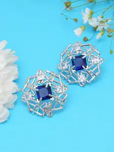 KARATCART Blue Silver Tone Contemporary  American Diamond Studs Earrings