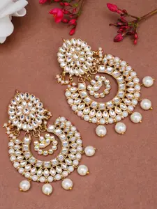 KARATCART White Gold-Plated Classic Pearl Drop Kundan Chandbalis Earrings