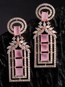 KARATCART Pink Rose Gold Plated Floral American Diamond Drop Earrings