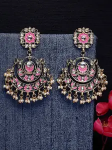 KARATCART Pink Gold-Plated Floral Meena Kundan Chandbalis Earrings