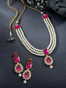 Peora Gold-Plated Fuchsia Pink Kundan Long Necklace Earring Jewellery Set
