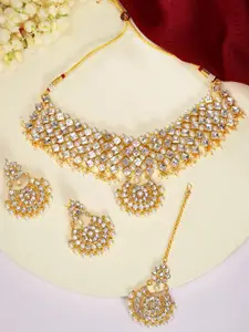 Peora Gold Plated White Kundan Pearl Studded Choker With Chandbali Earring Maang Tikka