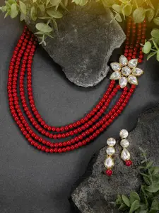 Peora Maroon Gold-Plated Maroon Kundan Necklace Earrings Jewellery Set