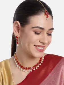 Peora Pink & White Gold-Plated Kundan Pearl Choker Necklace Earring Maangtikka Set