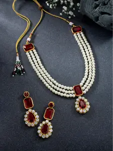 Peora Gold-Plated Maroon Kundan Long Necklace Earring Jewellery Set
