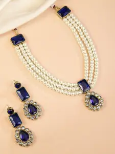 Peora Gold Plated Blue & White Kundan Studded Beaded Long Necklace Jewellery Set
