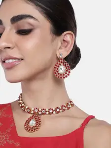 Peora Gold-Plated Maroon Kundan Choker Necklace with Earrings Jewellery Set