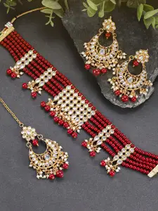 Peora Gold-Plated Maroon Multistrand Choker Necklace Jewellery Set