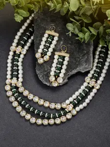 Peora Green Gold-Plated Kundan Long Necklace Earring Jewellery Set