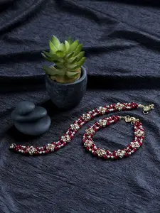 Peora Maroon & Golden Plated Kundan Studded Pearl Bridal Anklet