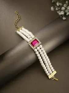 Peora Women Magenta & White Pearls Gold-Plated Multistrand Bracelet