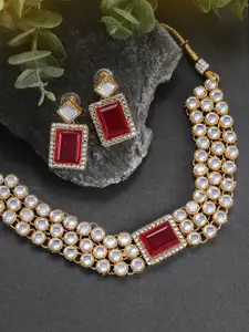 Peora Gold-Plated Maroon Choker Necklace Jewellery Set