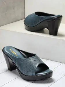 Shezone Blue Textured Block Peep Toes with Laser Cuts