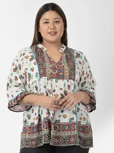 VELDRESS Women Plus Size Multicoloured Print Mandarin Collar Top
