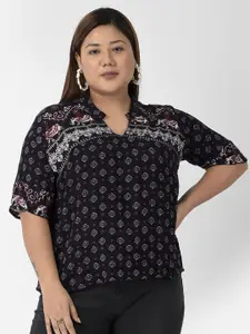 VELDRESS Women Plus Size Black Floral Print Mandarin Collar Top
