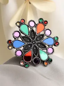 Moedbuille Women Oxidized Silver Plated Multi Colored Crystals Adjustable Finger Ring