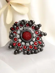 Moedbuille Silver-Plated Red Oxidised Adjustable Finger Ring