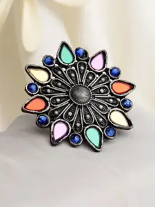 Moedbuille Silver-Plated Crystals & Mirror Studded Afghan Design Finger Ring