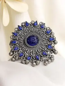 Moedbuille Silver-Plated Blue Agate Studded Filgree Work Oxidised Finger Ring
