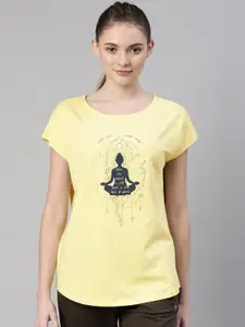 Enamor Women Yellow Printed Extended Sleeves Antimicrobial T-shirt